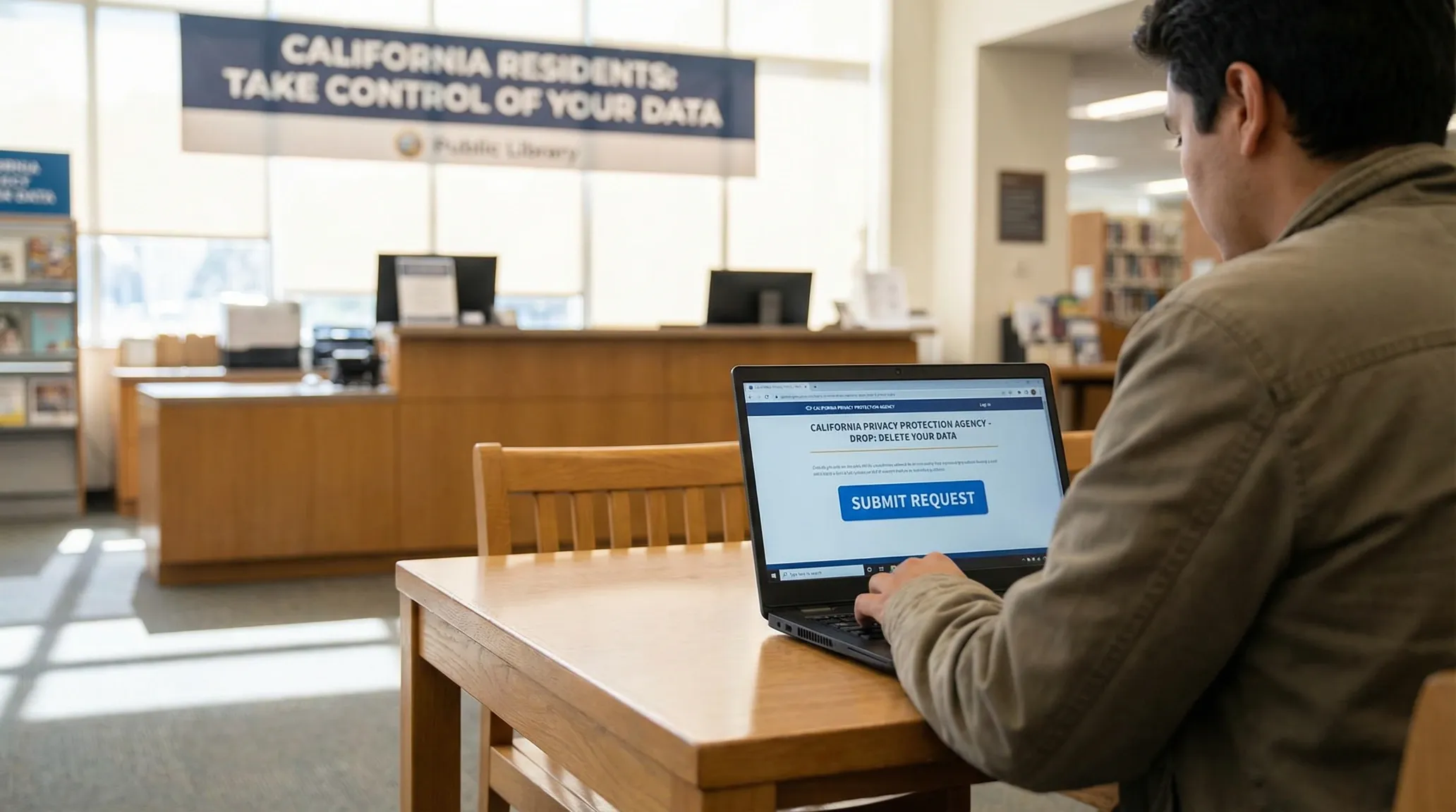 **Alt text:** Person using a laptop in a public library to submit a data deletion request on the California Privacy Protection Agency website, with a sign reading “California residents: take control of your data” in the background.